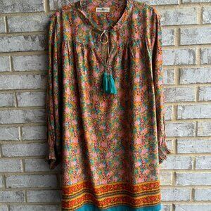 Natural Life Long Sleeve Tie V-Neck Multicolor Floral Boho Tunic Dress Size L